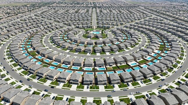 Aerial view of modern suburban housing development arranged in concentric circles with backyard swimming pools