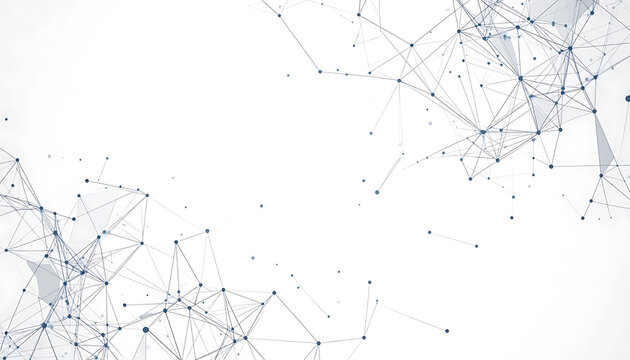 Abstract network of blue dots and lines forming a digital data structure on a white background, technology concept