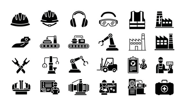 Collection of industrial safety and manufacturing icons, including hard hats, safety glasses, vests, factories, machinery, robots, forklifts, and first aid kits.