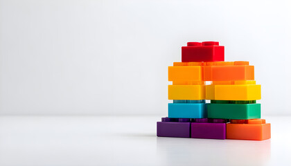Obraz premium Colorful Plastic Building Blocks Stacked on a White Floor