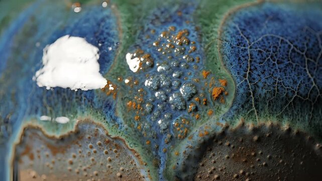 Abstract Macro Shot of Iridescent Ceramic Glaze with Bubbles and Crazing.