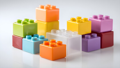 Obraz premium Colorful Plastic Building Blocks Stacked on a White Floor