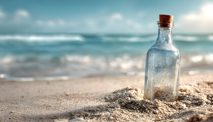 Obraz premium A single bottle of water sits atop a sandy beach, perfect for a seaside picnic or as a prop in coastal-themed shoots