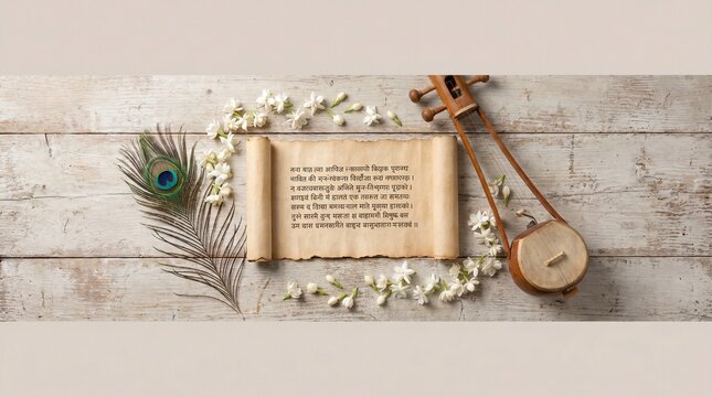 Top view minimalist flat lay background for Kabir Jayanti featuring an ancient script scroll with a traditional string instrument, peacock feather, and jasmine flowers on white wood, generative AI