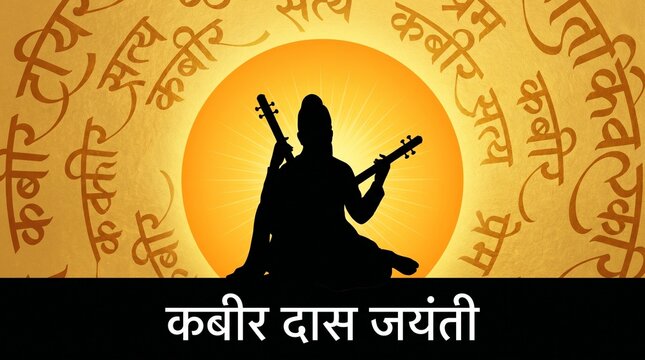 Kabir Das Jayanti festival banner featuring a silhouette of Sant Kabir playing a tanpura against a glowing sun and gold background with Hindi typography, generative AI