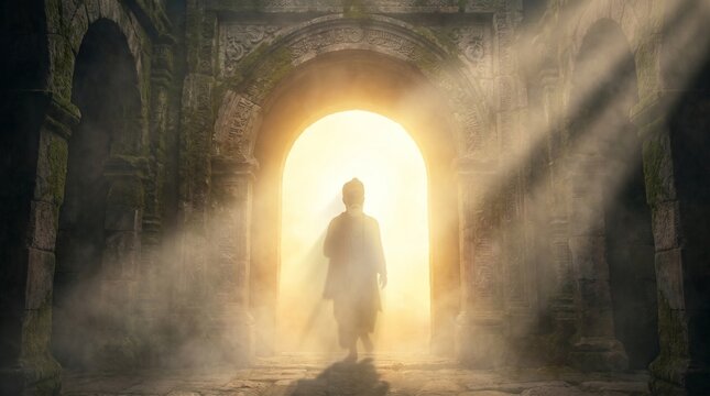 Cinematic spiritual background for Kabir Jayanti featuring a silhouette of Sant Kabir Das walking through an ancient stone archway into divine golden light, generative AI