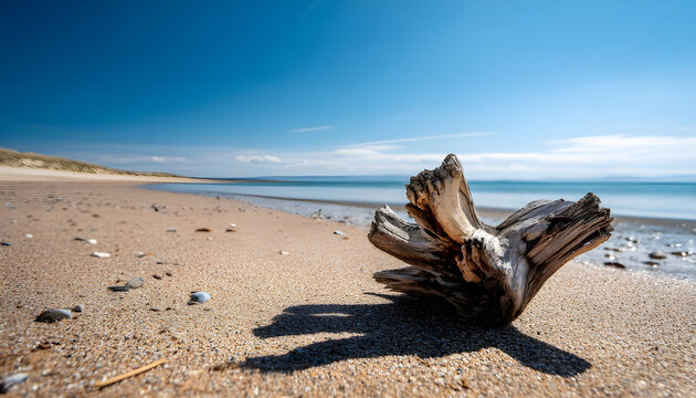 A piece of driftwood sits on the surface of a sunny beach, awaiting its fate