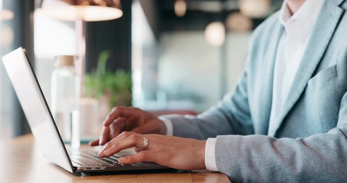 Hands, typing or laptop in cafe for remote work, financial plan email or expenses evaluation complete. Finished, client proposal or business person with advice for wealth growth, freelancer or pc