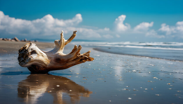 A piece of driftwood sits on the surface of a sunny beach, awaiting its fate