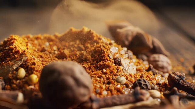 Closeup of aromatic star anise and mixed spices on a rustic wooden surface.