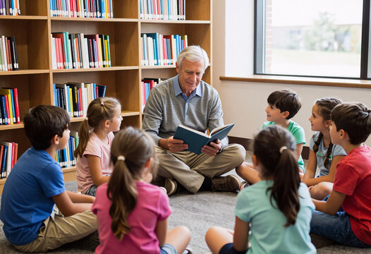 Elderly volunteer reading to kids in public library
