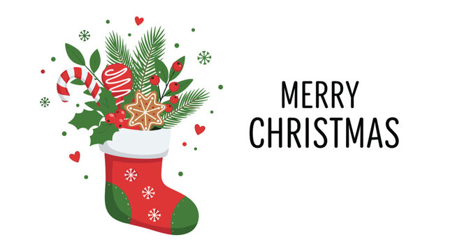 Merry Christmas greeting card features a red stocking stuffed with evergreen branches, a candy cane, gingerbread star, and berries.