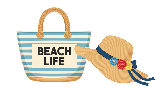 Summer beach accessories set featuring a blue striped tote bag with beach life text and a decorated straw hat.
