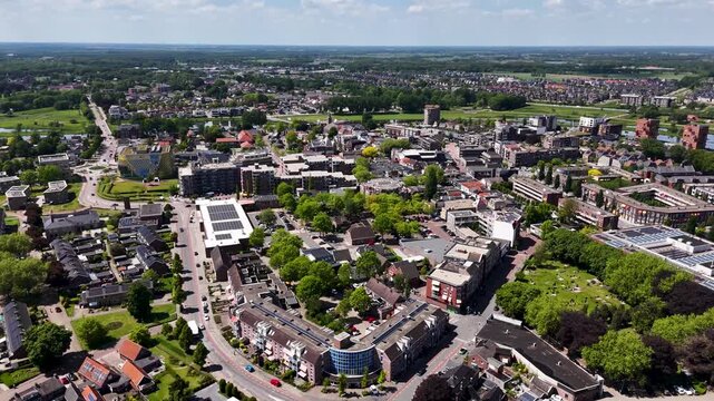 Aerial rotating view of ede city center in the netherlands