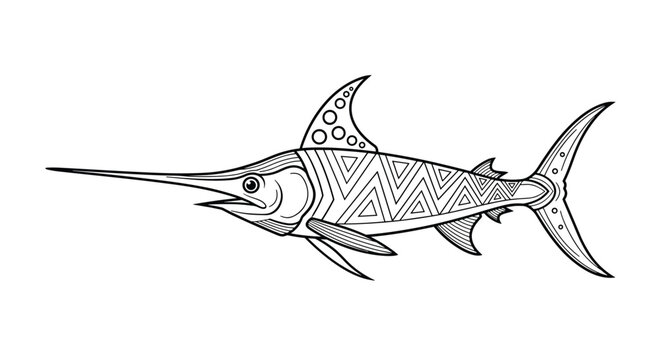 Detailed line art illustration of a swordfish features geometric patterns and zentangle designs for creative coloring.