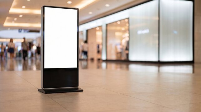  Blank white digital advertising billboard mockup standing on a glossy reflective floor in a modern shopping mall interior