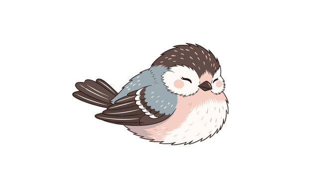 Adorable fluffy round bird illustration with soft grey and pink feathers and a very sweet facial expression.