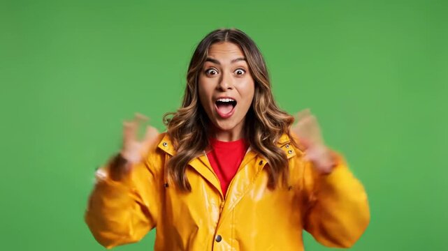 Excited young woman wearing a glossy bright yellow raincoat and a red t-shirt looking at the camera with wide eyes and open mouth celebration against a green screen studio backdrop.