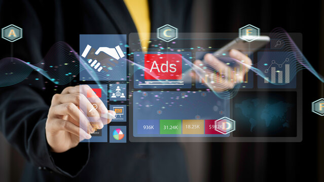 Digital marketing concept with technology interface, data analytics and performance dashboard. Online marketing strategy using SEO, social media and advertising for business growth.