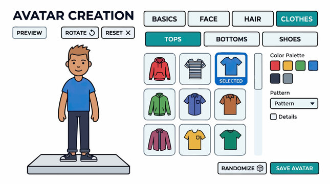 Avatar Creation Interface with Clothing Options and Color Palette.