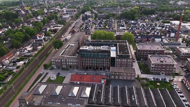 Aerial view of repurposed industrial buildings in dutch city