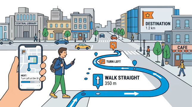 Man Using Navigation App on Smartphone in City Street with Augmented Reality Overlay.