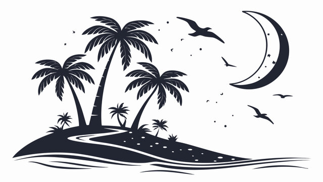 Tropical island with palm trees on a sunny beach by the ocean creating a peaceful summer paradise illustration