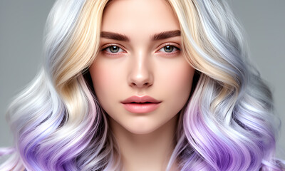 Naklejka premium Beautiful young woman with trendy long wavy purple and blonde ombre hair portrait
