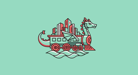 Dragon train transporting city buildings © Riski