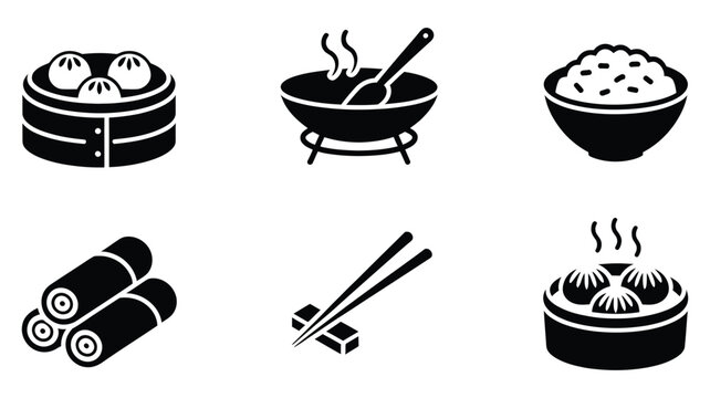 Chinese food icons with black and white Asian cuisine designs, dim sum and wok cooking symbols, restaurant menu graphic