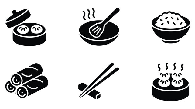 Chinese food icons in black and white style, Asian cuisine vector illustrations with dim sum and wok cooking symbols
