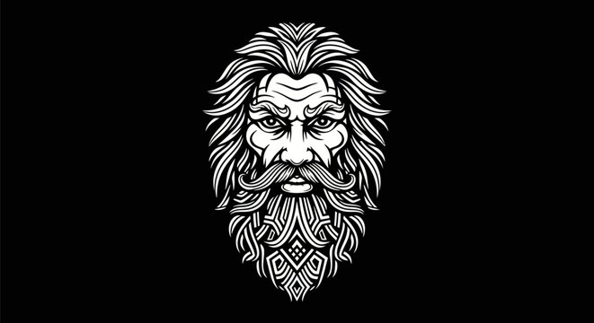 Intricate bearded face illustration on black
