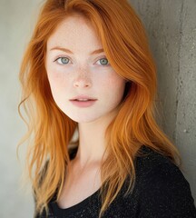Fototapeta premium Young Woman with Fiery Red Hair and Freckles, Blue Eyes, Looking Directly at Camera