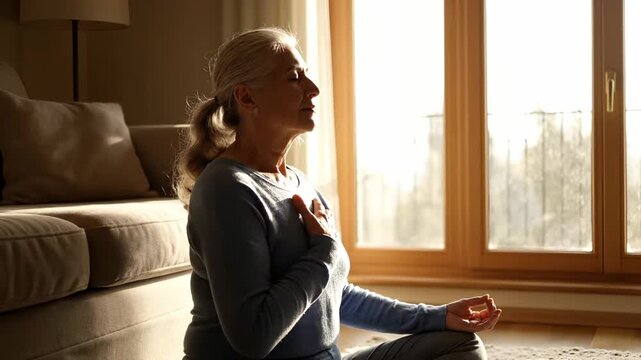 Senior woman meditates on floor near window with sunlight. Mature lady practices yoga at home. Senior doing meditation in living room. Woman breathes during yoga. Elderly meditates by window.