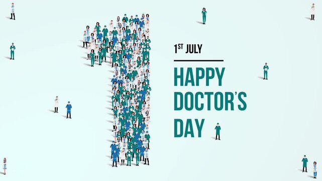 Happy doctors day. A large group of doctors form to create the number 1 as doctors day is celebrated on the 1st of July. Green background. 4K Video Animation.