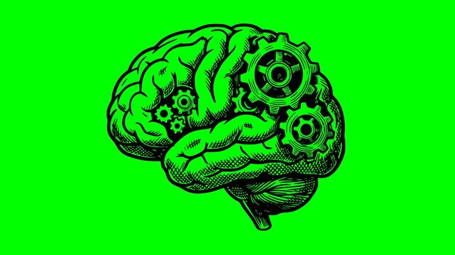 hand drawn style brain animation with black fill gears on green screen chroma key background representing human intelligence logic and technical mental process