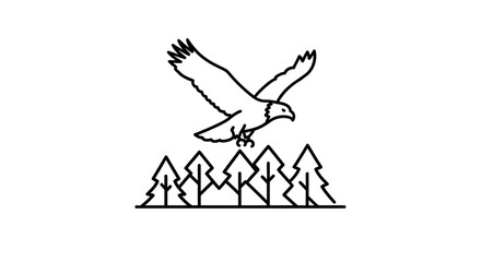 Minimalist line art illustration featuring a soaring eagle flying over a forest of pine trees. © Syakira_Muhtar