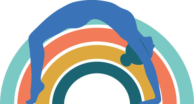 Figure executes a challenging wheel pose yoga posture against a backdrop of vibrant concentric rainbow arches.