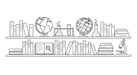 Naklejka premium Hand drawn illustration of two shelves filled with books and scientific equipment.
