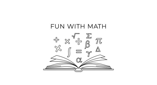 An open book with floating mathematical symbols and the text Fun With Math.