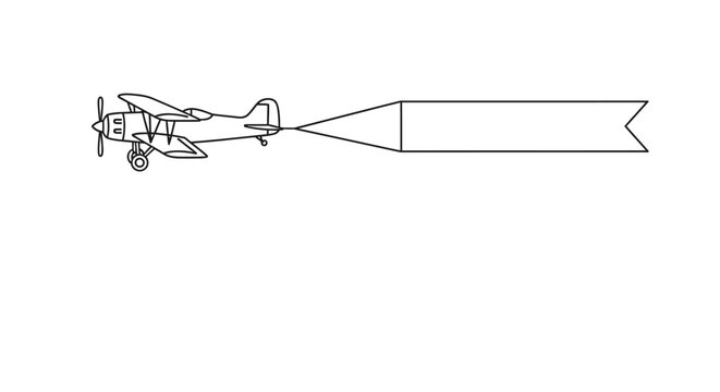A simple line art illustration of a vintage airplane towing a large blank banner.
