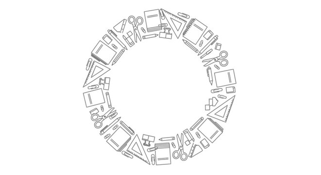 A circular frame composed of various hand drawn school and office supplies.