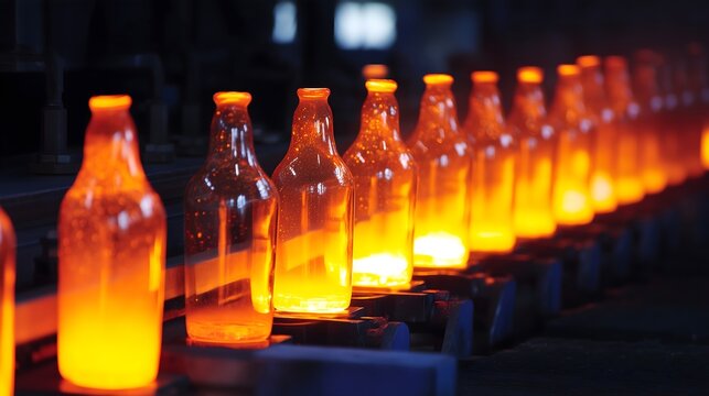 Glass bottle forming line with molten glass gobs being blow molded