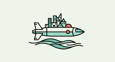 Stylized rocket ship with cityscape design © Stock