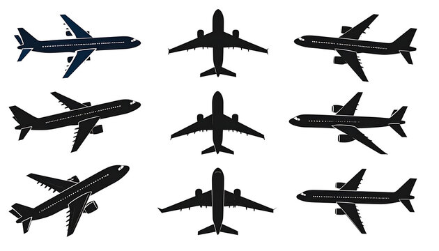 collection of airplane silhouettes and pixelated icons, top down and side views, transport and travel