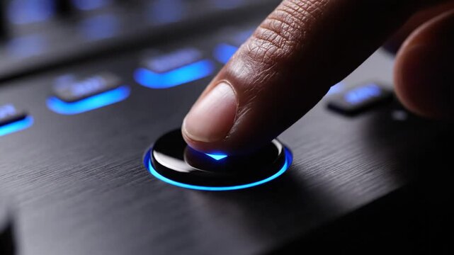 Finger pressing illuminated pause button on modern electronic device.
