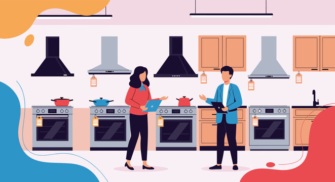 Couple shopping for modern kitchen appliances in a showroom while discussing different stove and exhaust hood options.