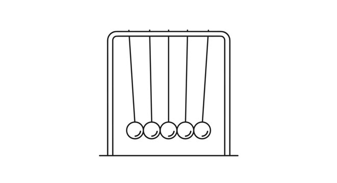 Scientific illustration of a Newton cradle with five steel balls suspended from a frame showing the physics principle of momentum.