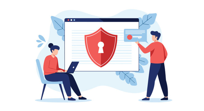 Cybersecurity team works together with a large red shield and key to protect data and ensure digital safety on a computer screen.