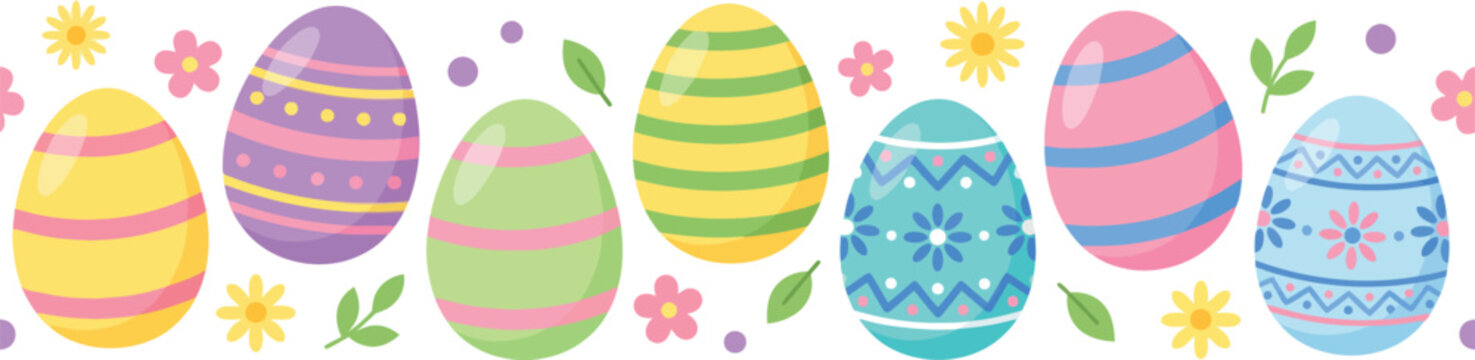 Colorful Easter eggs seamless border pattern with spring flowers
